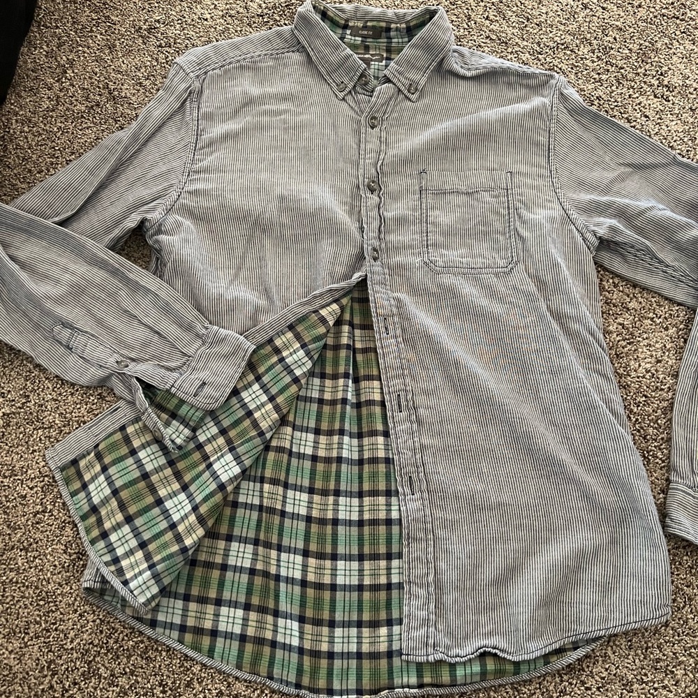 Eddie Bauer Gray Striped Shirt with Green Plaid Lining